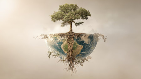 This stunning surreal illustration captures a tree artistically growing from the earth, with its roots proudly exposed amid a soft, cloud-filled atmosphere.の素材