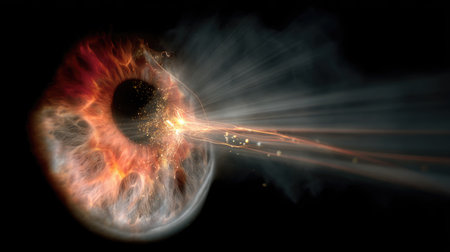 This captivating image showcases an abstract explosion of fire and light, surrounded by swirling smoke, representing energy and motion in a stunning dark background.の素材