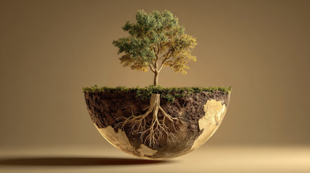 This surreal image portrays a vibrant tree growing from a half sphere, symbolizing the connection between nature and the planet. The roots, rich soil, and green foliage highlight the importance of sustainability and environmental balance.の素材