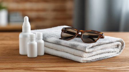 A serene composition featuring stylish sunglasses resting on a soft towel alongside various skincare product bottles. Ideal for wellness and beauty themes.の素材