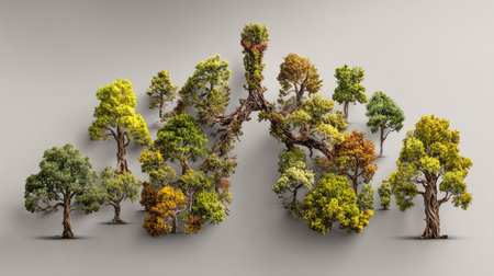 This image showcases a stunning arrangement of artistic trees with diverse colors and shapes, embodying a blend of modern and rustic styles.の素材