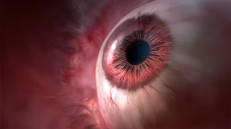 This striking close-up image of a human eye features intricate details of the iris and pupil showcasing subtle color variations and textures. Perfect for artistic and educational projects.の素材
