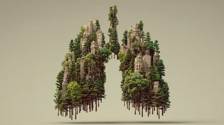 This stunning illustration merges lungs with urban landscapes and lush greenery, depicting a harmony between nature and city life, emphasizing sustainability and health.の素材