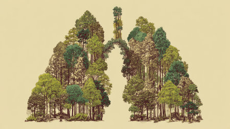 This artistic illustration depicts lungs formed by lush trees, symbolizing the vital connection between nature and air quality, indicating ecological health.の素材