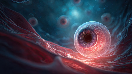 This artistic representation showcases a close-up view of a single eye cell immersed in a colorful abstract biological environment, blending science and creativity.の素材