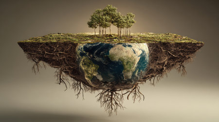 This captivating image showcases a floating island with lush trees and a vibrant globe, symbolizing the harmony between nature and earth in a surreal style.の素材