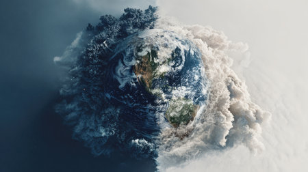 This image showcases an artistic depiction of Earth, enveloped in clouds, highlighting the beauty of nature and the intricate connection within our atmosphere.の素材