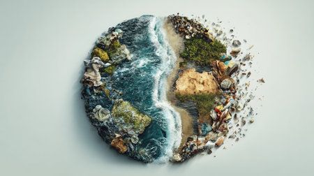 A powerful depiction of the stark contrast between pristine nature and environmental pollution, showcasing a globe divided into rich ecosystems and waste-filled areas.の素材