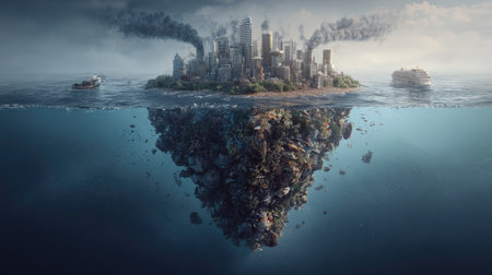 An imaginative depiction of a city skyline above water contrasted with an underwater island of trash, illustrating the urgent environmental challenges faced by urban areas.の素材