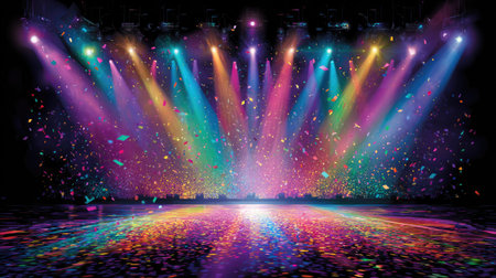 A stunning stage scene featuring vibrant lights in various colors and a shower of confetti, perfect for evoking celebratory moments in performances.の素材
