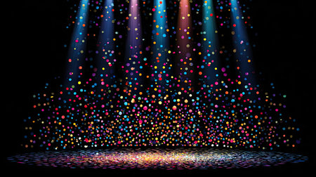 A lively and colorful stage setting showcasing vibrant confetti and sparkling lights creating a joyful atmosphere for celebrations and events.の素材