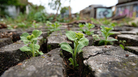 Resilient green plants emerge from cracks in old paving stones, showcasing nature's ability to thrive in urban decay, creating a striking contrast of life against stone.の素材