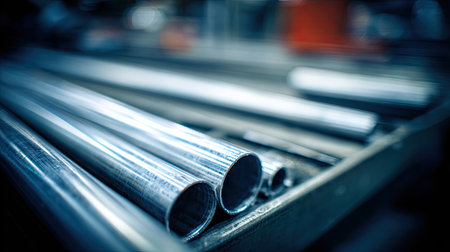 This close-up image showcases shiny steel pipes arranged on an industrial workbench, highlighting the metal's reflective surface and detailing. Ideal for manufacturing themes.の素材