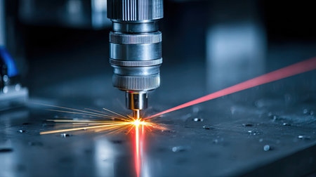 Close-up view of a precision laser cutting machine in operation, showcasing a bright laser beam creating sparks in a workshop environment. The image captures the essence of modern manufacturing technology and precision engineering.の素材