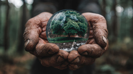 A close-up image featuring a hand holding a crystal ball that reflects a beautiful green tree within a serene forest setting, evoking themes of nature and sustainability.の素材