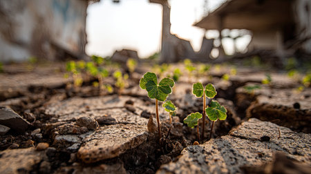 This striking image showcases green plants pushing through cracked concrete in an abandoned building, symbolizing nature's resilience and beauty amid urban decay.の素材