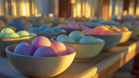 This image features an array of colorful pastel eggs nestled in soft textured bowls, illuminated by gentle lighting, perfect for celebration and festive decor.の素材