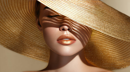A stunning portrait of a graceful woman wearing a wide-brimmed sun hat, showcasing warm lip color and delicate shadows that evoke a serene summer vibe.の素材