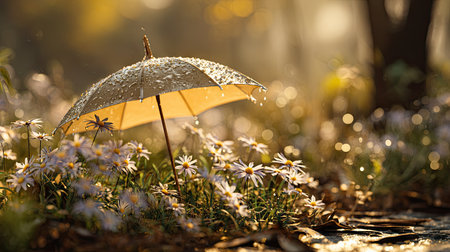 A peaceful scene featuring a delicate umbrella adorned with raindrops, surrounded by vibrant wildflowers in a sunlit garden evokes a serene atmosphere.の素材