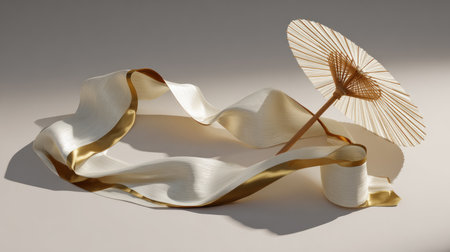 This stunning still life features a flowing white ribbon with golden trim alongside a delicate Japanese paper umbrella, showcasing elegance and artistry in design.の素材