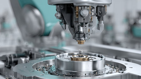This image showcases advanced robotics technology in a manufacturing setup, highlighting precision engineering in the assembly of intricate machinery components.の素材