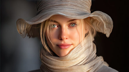 A captivating portrait of a young woman with shining eyes, adorned in a stylish hat and scarf, captured in soft light, radiating beauty and calmness.の素材