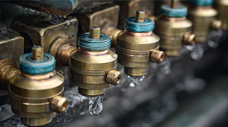 This image showcases a close-up view of industrial valves with water drops, highlighting the intricate design and metal texture in a factory setting.の素材