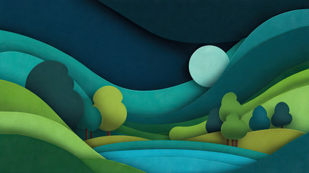 This art piece features an abstract landscape created with paper cut techniques, showcasing rolling hills, trees, and a luminous moon over tranquil waters, radiating peace.の素材