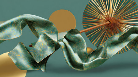 This captivating image features flowing fabric intertwined with decorative elements, including an umbrella and circular shapes, set against a soft green background, creating a modern and artistic atmosphere.の素材