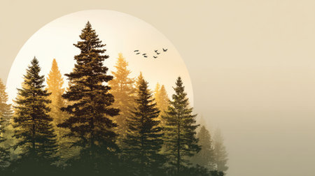 A stunning forest landscape showcasing tall evergreen trees bathed in warm sunlight during sunrise, with soft mist adding to the serene atmosphere.の素材