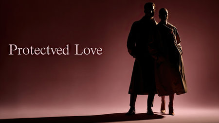 A striking silhouette of a couple stands against a soft pink background, evoking a sense of love and intimacy in a modern fashion context.の素材