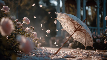 A stunning image of an elegant umbrella resting on the ground, surrounded by delicate pink rose petals in a tranquil garden, capturing a serene moment.の素材