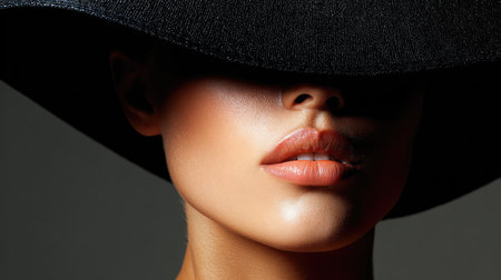This captivating close-up portrait features a woman wearing a stylish hat that adds an element of mystery. Her soft lip color and flawless skin highlight her natural beauty and elegance.の素材