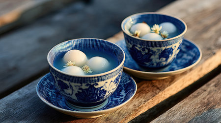 An exquisite traditional Asian dessert served in elegant bowls, featuring white spheres and delicate flowers, resting on a rustic wooden surface.の素材