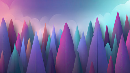 This abstract artwork features a colorful depiction of a forest landscape at twilight, with pyramid-shaped trees against a dreamy sky. The vibrant hues create a tranquil atmosphere, perfect for evoking feelings of serenity and creativity.の素材