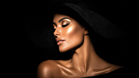 This captivating portrait showcases a woman in a wide-brim hat, elegantly posed against a dark backdrop. Her glowing skin and serene expression create a mesmerizing aesthetic.の素材