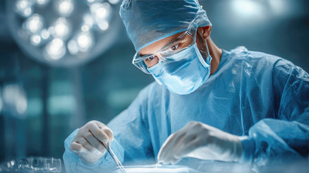 A dedicated surgeon is engaged in performing a surgical procedure in an advanced operating room, showcasing precision and professionalism pivotal in healthcare.の素材