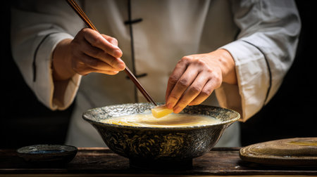 Captivating hands showcase an artisanal cooking technique, delicately preparing a gourmet dish in a styled kitchen environment, emphasizing culinary artistry.の素材