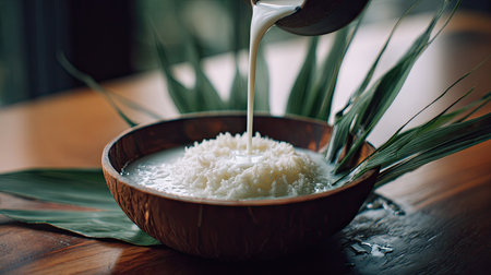 A beautifully crafted scene featuring creamy coconut milk being poured over a steaming bowl of rice, surrounded by lush green leaves and a wooden surface. This image captures the essence of fresh and healthy cooking, evoking a warm, inviting atmosphere perfect for food lovers and culinary enthusiasts.の素材