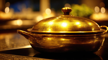 A beautifully crafted golden pot resting on a kitchen countertop, exuding warmth and elegance, perfect for culinary preparation or decorative use.の素材