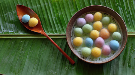 A visually appealing arrangement of colorful dessert balls in a bowl filled with coconut milk, resting on a lush green leaf background. Perfect for tropical themes.の素材