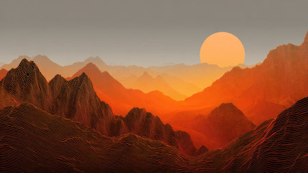 A captivating digital art piece showcasing a serene sunset over a layered mountain range. The vibrant orange hues create a warm atmosphere, evoking peace and tranquility.の素材
