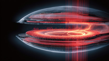 This abstract image showcases a futuristic design that highlights the dynamic flow of energy. The vivid colors and layered structure create a striking visualization of technology and innovation.の素材