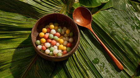 A vibrant display of colorful sweet dumplings in a rustic wooden bowl, set against a backdrop of lush green tropical leaves, complemented by a wooden spoon.の素材
