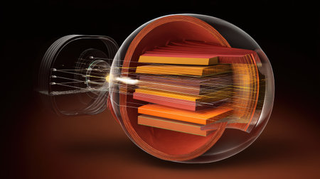 This vibrant abstract illustration features energy layers within a spherical structure, showcasing dynamic light effects and modern design elements.の素材