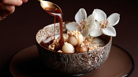 This stunning dessert features sweet balls topped with rich chocolate sauce and crunchy nuts, elegantly garnished with delicate white flowers, perfect for indulgence.の素材