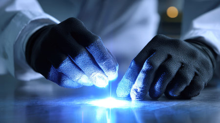 Close-up of gloved hands carefully manipulating a bright blue laser beam on a reflective metallic surface, showcasing precision in a scientific experiment.の素材