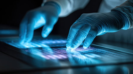 A close-up view of gloved hands engaging with a high-tech touchscreen in a low light setting, showcasing modern interaction with digital technology.の素材