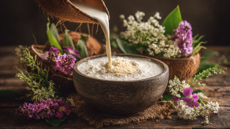 Fresh milk is being poured into a rustic bowl, surrounded by vibrant flowers and natural elements, creating a serene and inviting atmosphere ideal for culinary presentations.の素材