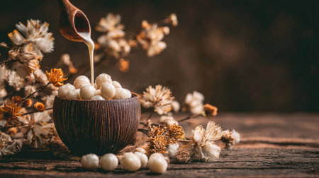 A creamy sauce elegantly pours into a rustic wooden bowl filled with round white sweets, surrounded by delicate dried flowers on a wooden table.の素材